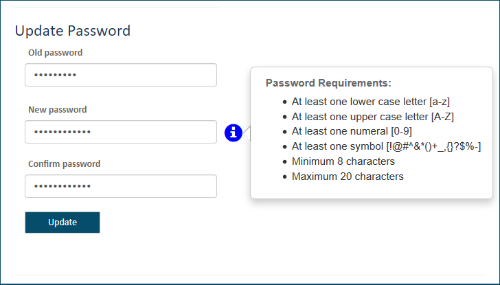 Update Password dialog