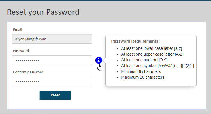 Password reqirements popup