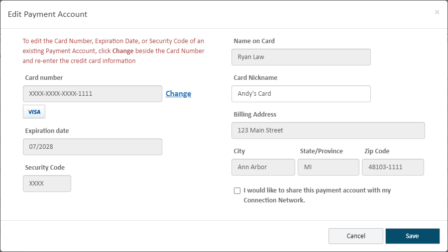 Edit Payment Account dialog