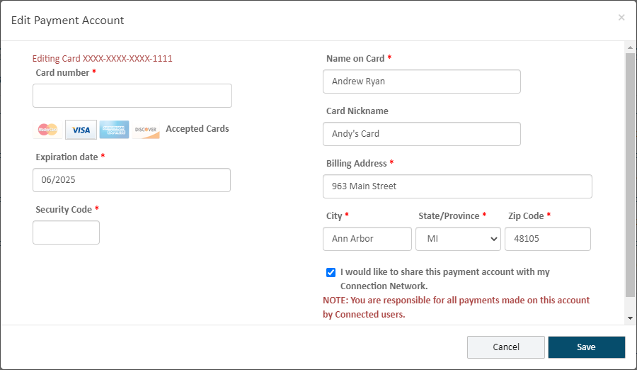 Edit Payment Account dialog