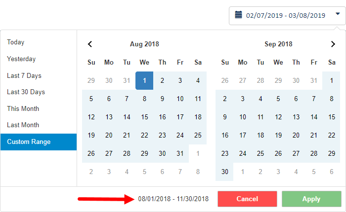 Payment transactions date filter-date range specified