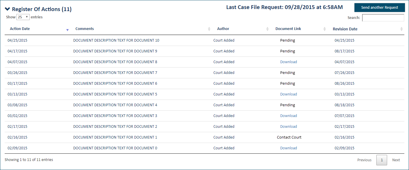 Register of Actions pane - list of documents sent