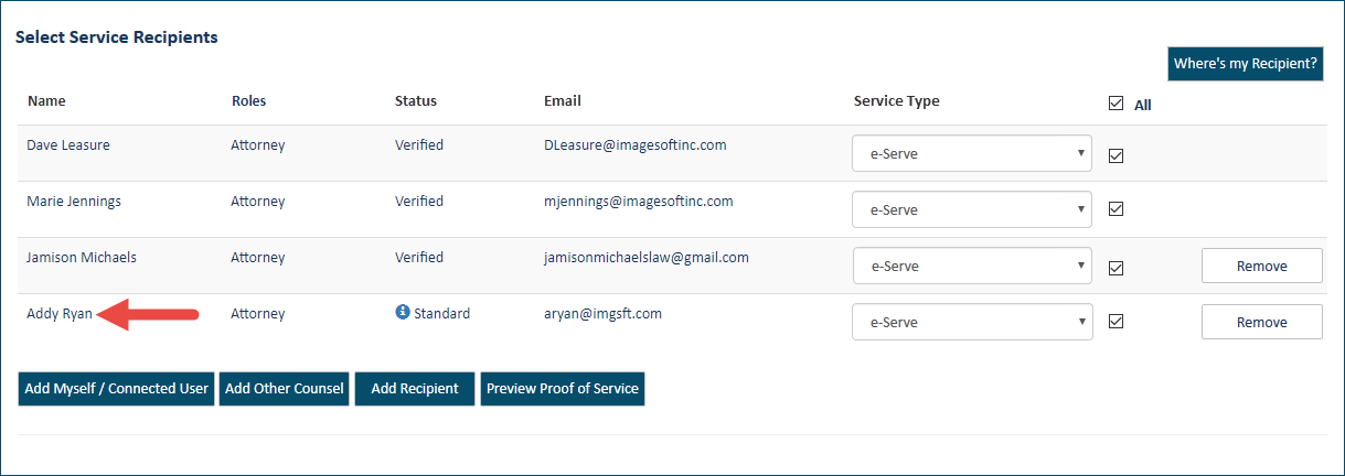 Filer added as Standard case contact