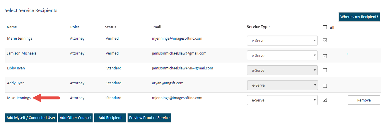 Other counsel added as a service recipient