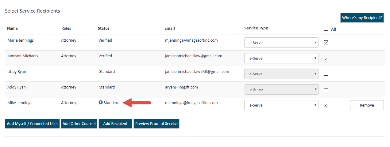 Other counsel added as a service recipient and a standard case contact