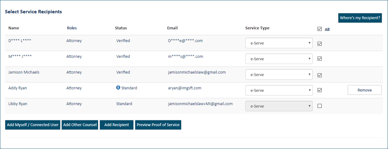 Service Recipients - Standard and Verified case contacts listed