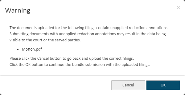 Unapplied redactions warning dialog