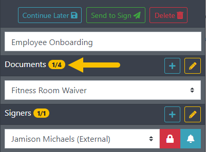 Document added to the envelope Designer right sidebar