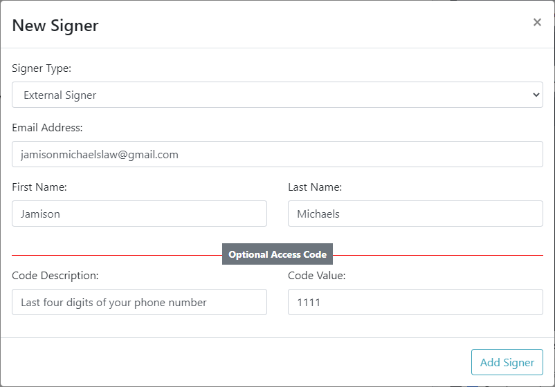 Specify the external signer information New Signer dialog - External Signer