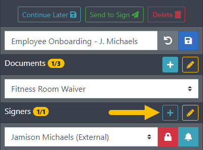 Click the + icon to add a signer Designer right sidebar