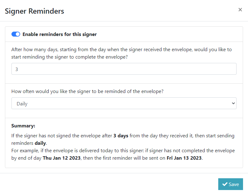 Signer Reminders dialog