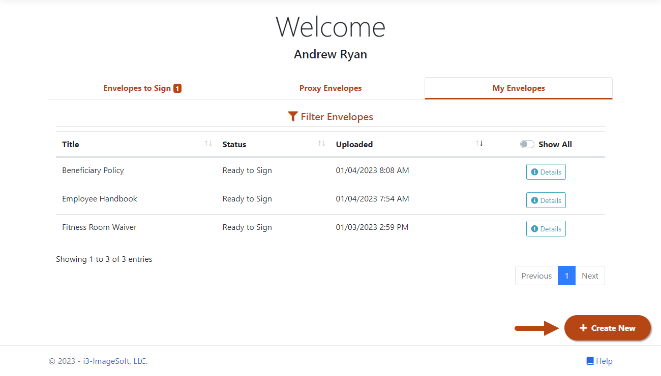 On My Envelopes click Create New Welcome page