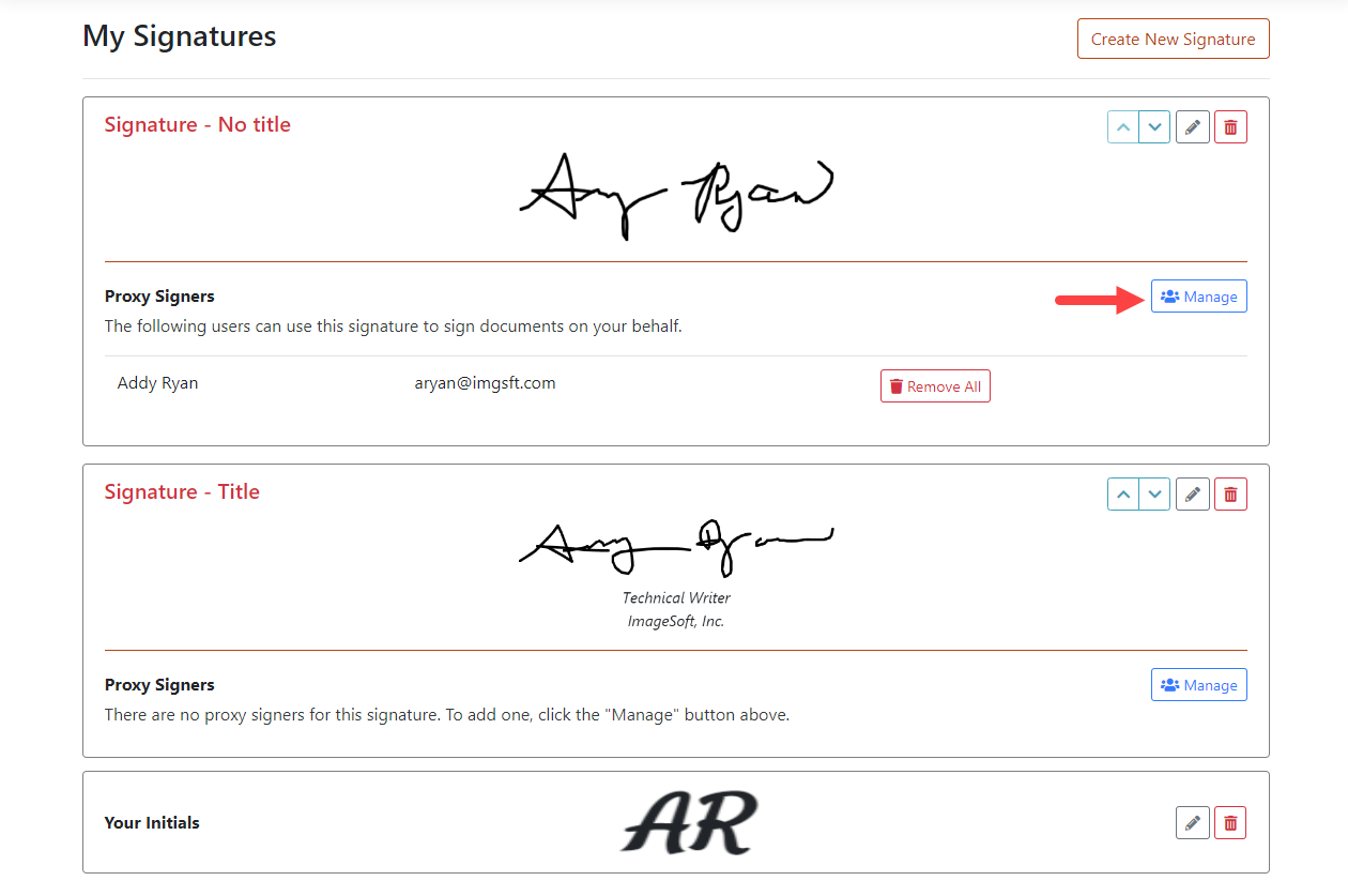 Click the Manage button My Signatures page