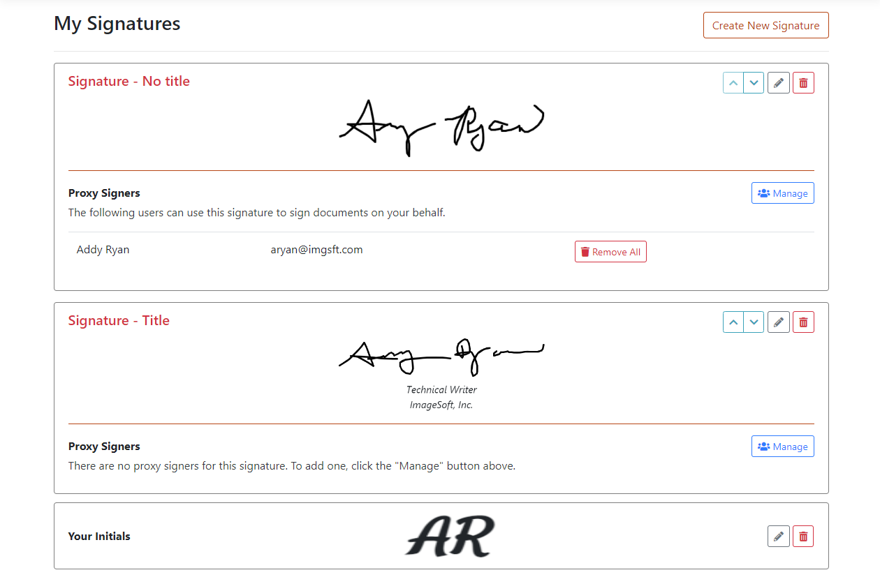 Existing signatures listed My Signatures page