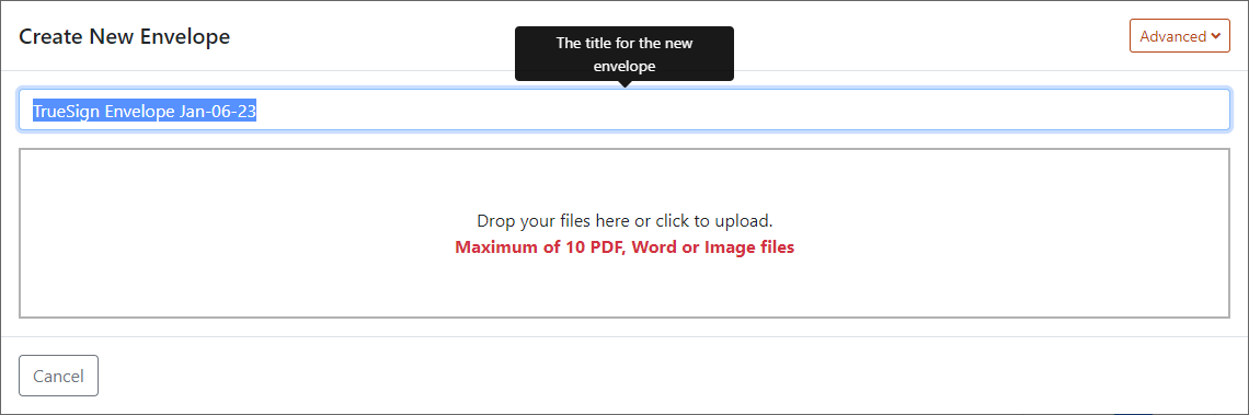 Specify the envelope name and add the document files Create New Enveloper page