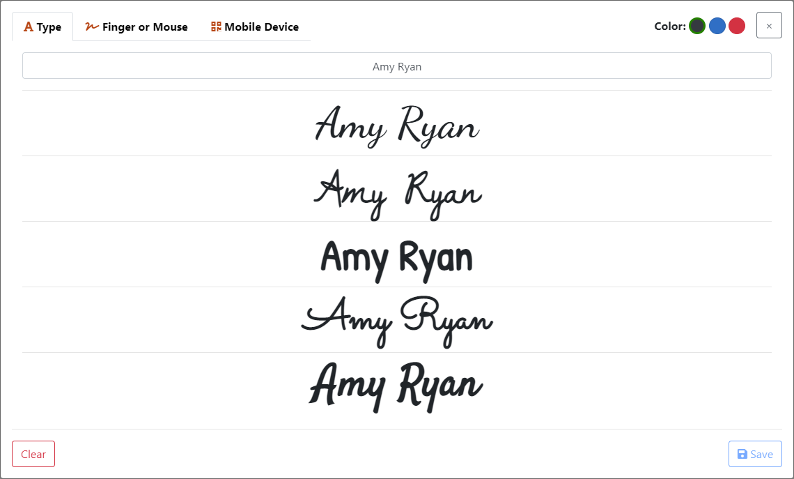 Typed signatures Capture Signature page