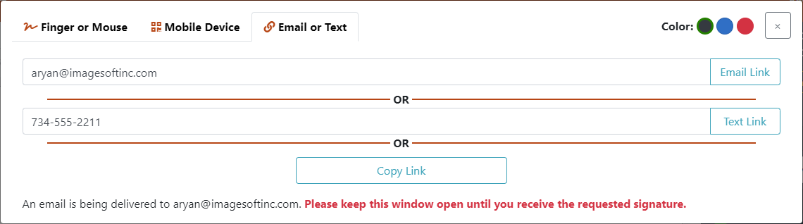 Send a signature link Temp signature - Email or Text