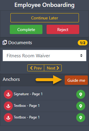 Signing interface - Guide me button
