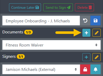 Click the + icon to add a document Designer right sidebar