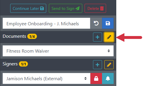 Click the Edit icon to edit the envelope documents Deisgner right sidebar