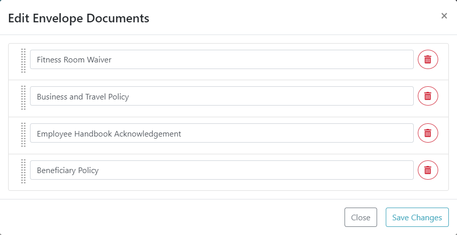 Remove, rename, re-order the documents Edit Envelope Documents dialog