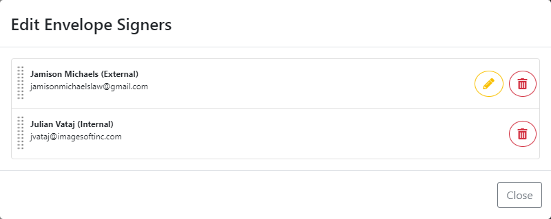 Existing signers are listed Edit Envelope Signers dialog
