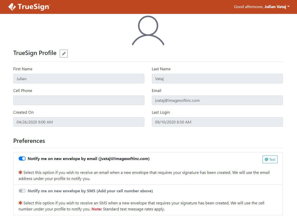 My Profile page My Profile page